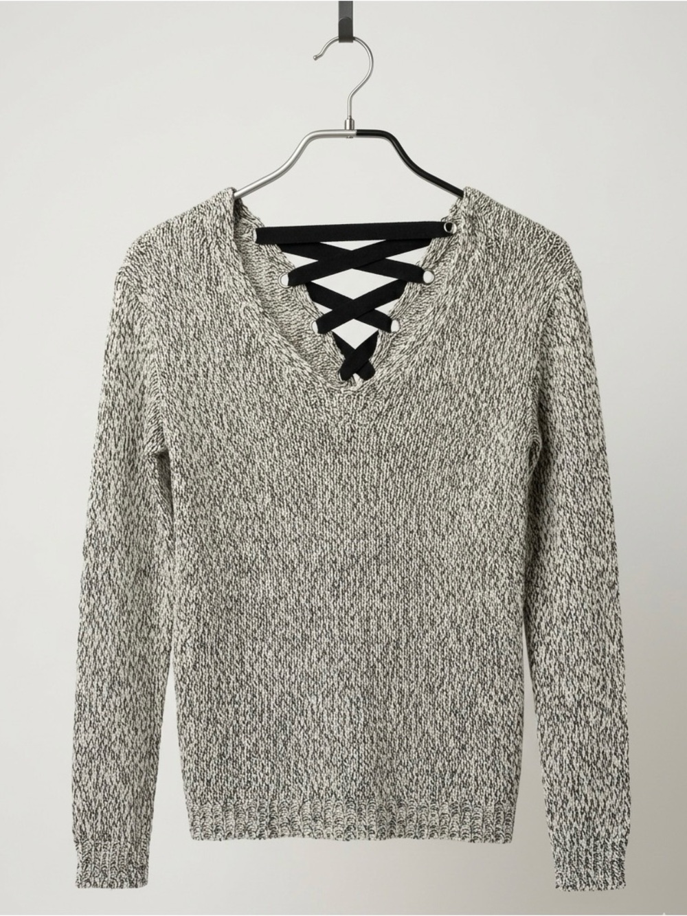 Black & White Marled V-Neck chunky Sweater with Back Lace-Up detail size small